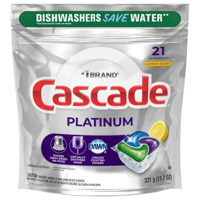 Cascade Platinum ActionPacs Dishwasher Detergent Pods, Lemon, 21 Count