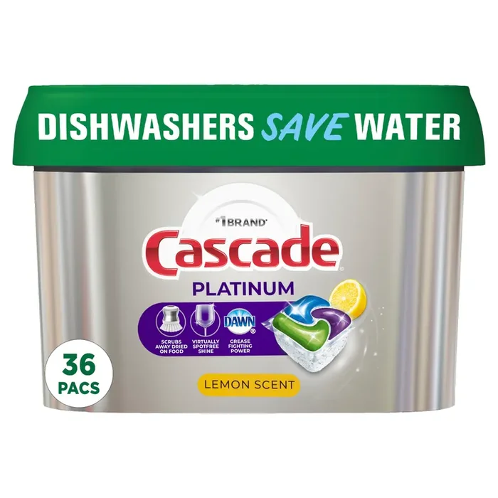 Cascade Platinum Dishwasher Pods, Dishwasher Detergent, Dishwasher Soap, Dishwasher Tab Tablets, Dish Detergent, Lemon, ActionPacs, 36 Count