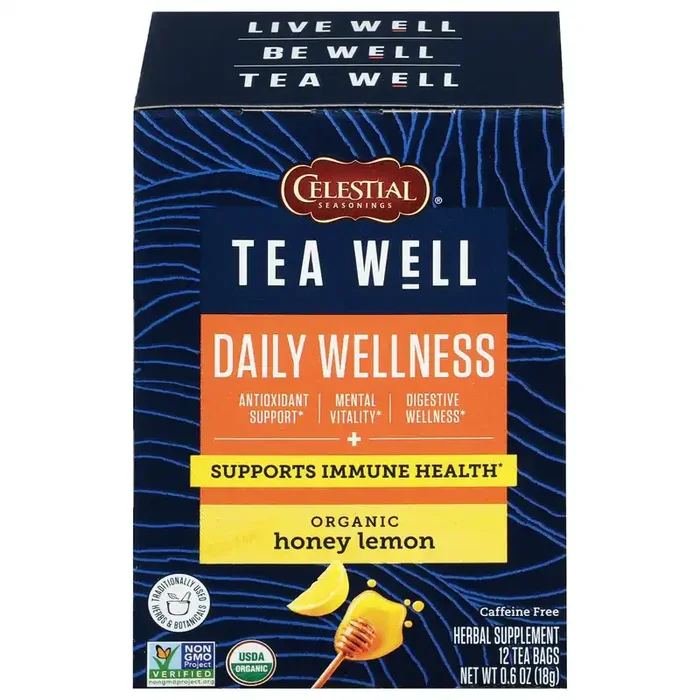 Celestial Seasonings Tea Well Caffeine Free Organic Daily Wellness Honey Lemon Herbal Supplement 12 Tea Bags