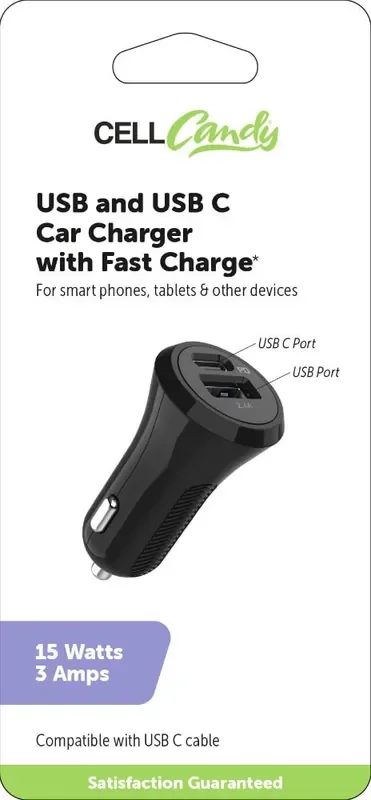 Cell Candy® USB % USB C Car Charger 15 W – Black