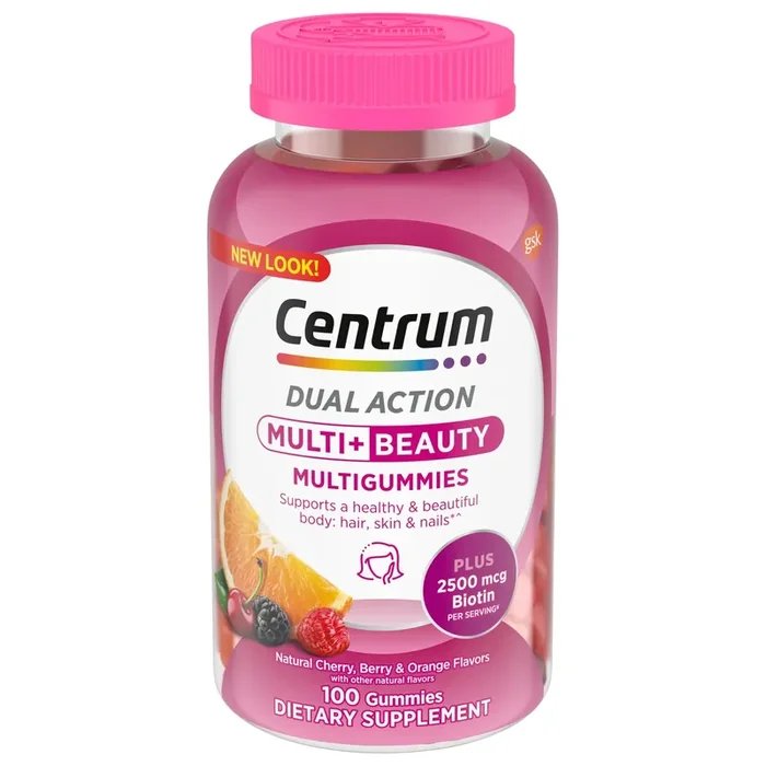 Centrum MultiGummies Multi+ Beauty Dual Action Multivitamin, Specially Designed With Biotin for Healthy Hair, Skin and Nails, Cherry/Berry/Orange Flavors – 100 Count