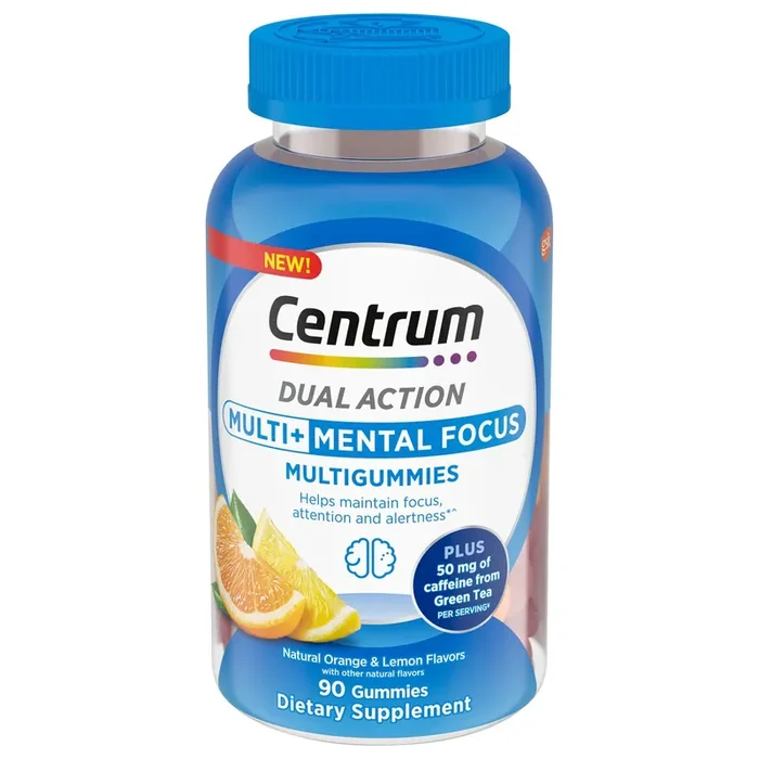 Centrum MultiGummies Multi+ Dual Action Mental Focus Adult Multivitamin, With Caffeine from Green Tea, Lemon/Orange Flavors – 90 Count