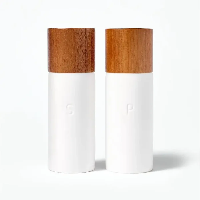 Ceramic Salt and Pepper Grinder Set Cream – Figmint™ Wood & Stoneware, 6.25″ Height, 55 Volume Capacity, 2-Piece Set
