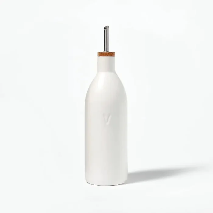 Ceramic Vinegar Pour Bottle Cream – Figmint™ Stoneware Oil Dispenser, Stainless Steel & Wood Lid, 18.7oz Capacity
