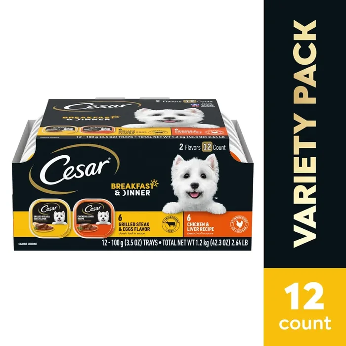 Cesar Breakfast & Dinner Grilled Steak & Eggs Flavor/Chicken & Liver Recipe Canine Cuisine 12 – 3.5 oz Trays