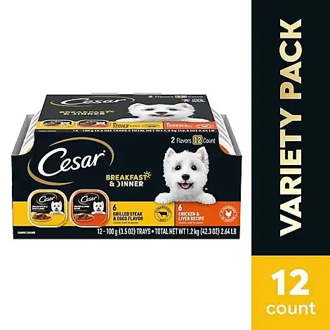 Cesar Classic Loaf In Sauce Breakfast & Dinner Mealtime Soft Wet Dog Food Variety Pack – 12-3.5 Oz