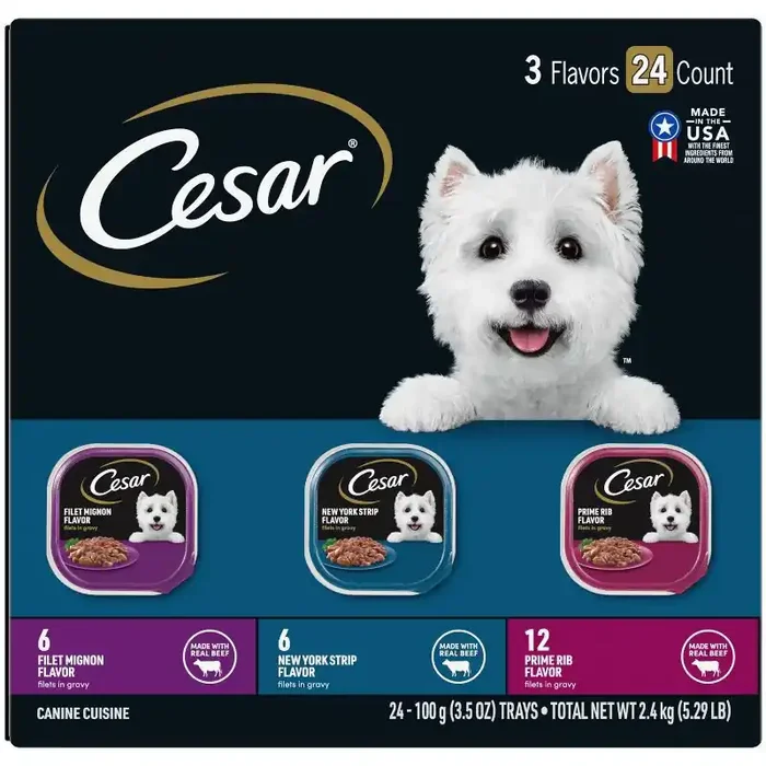 Cesar Filets in Gravy Chicken, Steak, Beef, Gravy and Red Meat Flavor Variety Pack Small Breed Wet Dog Food – 5.29lbs/24ct
