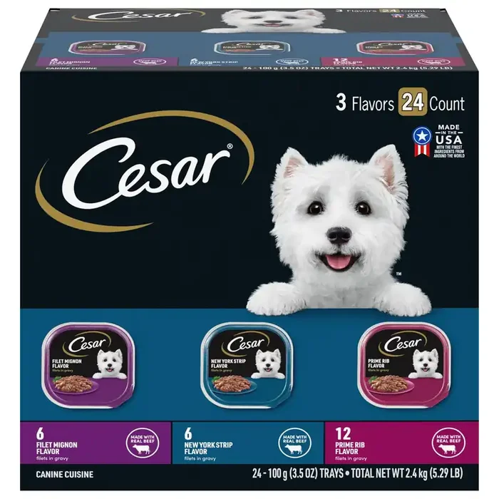 Cesar Filets in Gravy Filet Mignon, New York Strip and Prime Rib Adult Wet Dog Food with Chicken & Beef Flavor – 5.29lbs/24ct