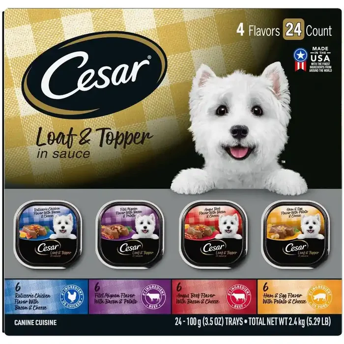 Cesar Loaf and Topper in Sauce Chicken, Cheese, Potato, Steak, Beef and Bacon Flavor Variety Pack Small Breed Wet Dog Food – 3.5oz/24ct