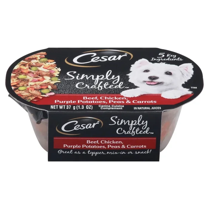 Cesar Simply Crafted Adult Wet Dog Food Meal Topper, Beef, Chicken, Purple Potatoes, Peas & Carrots, (10) 1.3 Oz. Tubs