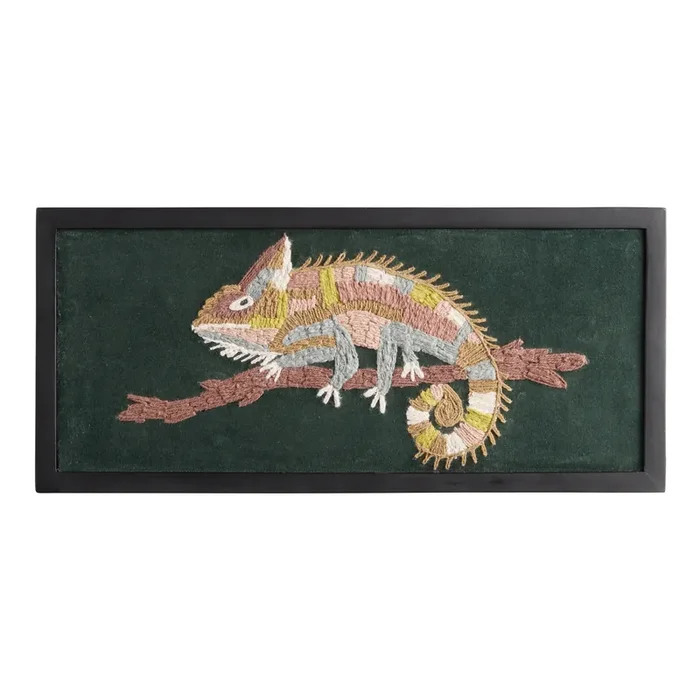 Chameleon Embroidered Velvet Textile Framed Wall Art