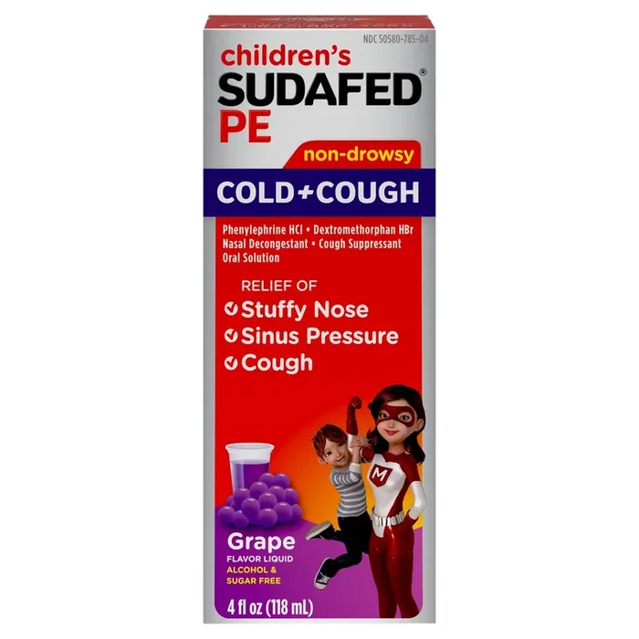 Children‘s Sudafed PE Cold + Cough Suppressant, Cold Medicine & Nasal Decongestant, Grape Flavor Liquid Cough Relief, 4 fl. oz