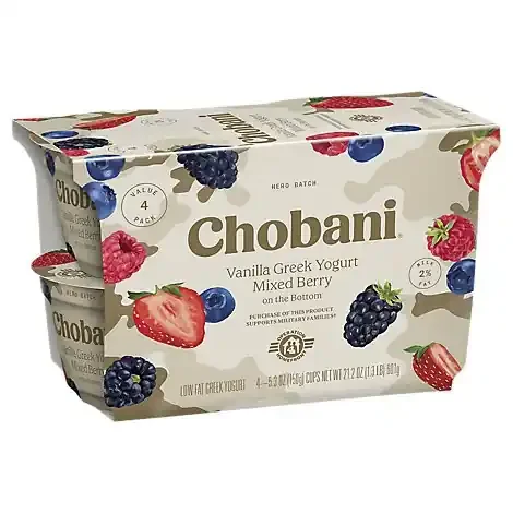 Chobani Yogurt Greek Low Fat Vanilla On The Bottom Mixed Berry – 4 ct; 5.3 oz