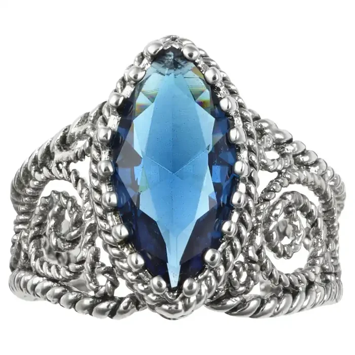 City by City Dark Blue Marquise Crystal Stone on Etched Open Filligree Band in Size 9