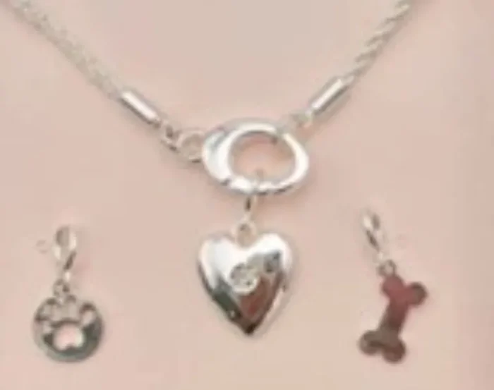 City by City Silver Plated Heart Charm Pendant Necklace With Bone and Paw Charms Made With Cubic Zirconia