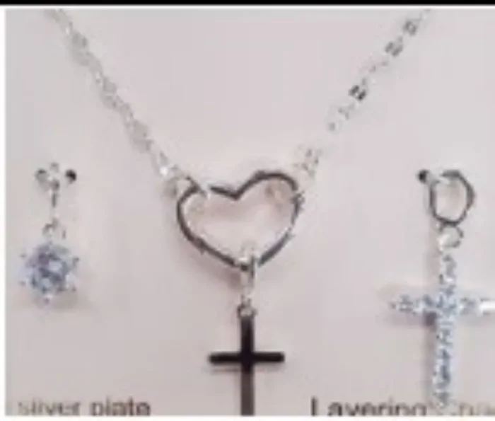 City by City Silver Plated Open Heart Pendant With Cross Charms and Cubic Zirconia