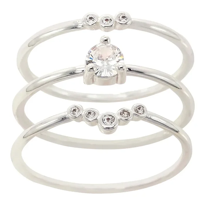 City by City Silver Tone Cubic Zirconia Round Multi Stone 3 Band Ring Set in Size 7