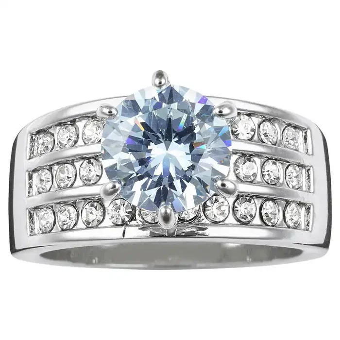 City by City Silver Tone Three Row Band Pave with Large Cubic Zirconia Solitaire Ring, Size 7
