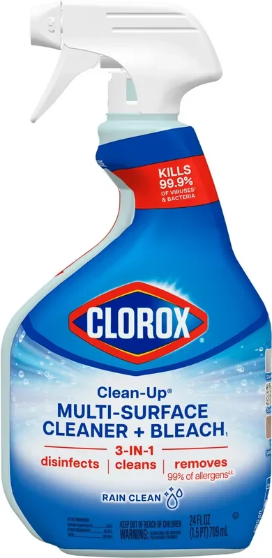 Clorox Clean-Up Multi-Surface Cleaner With Bleach, Rain Clean Scent, Three-in-One Disinfectant Spray Disinfects, Cleans and Removes Allergens, 24 fl. oz. Spray Bottle