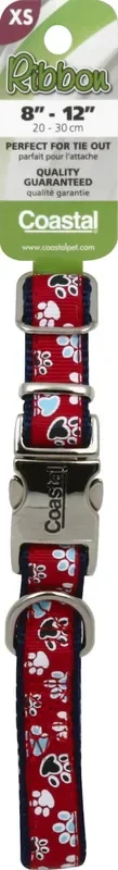 Coastal Ribbon Adjustable Dog Collar with Metal Buckle, Red with Paws, X-Small – 5/8″ x 8″-12″