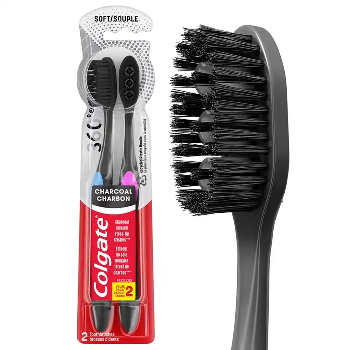 Colgate 360 Charcoal Toothbrush, Adult Soft Toothbrushes, 2 Pack