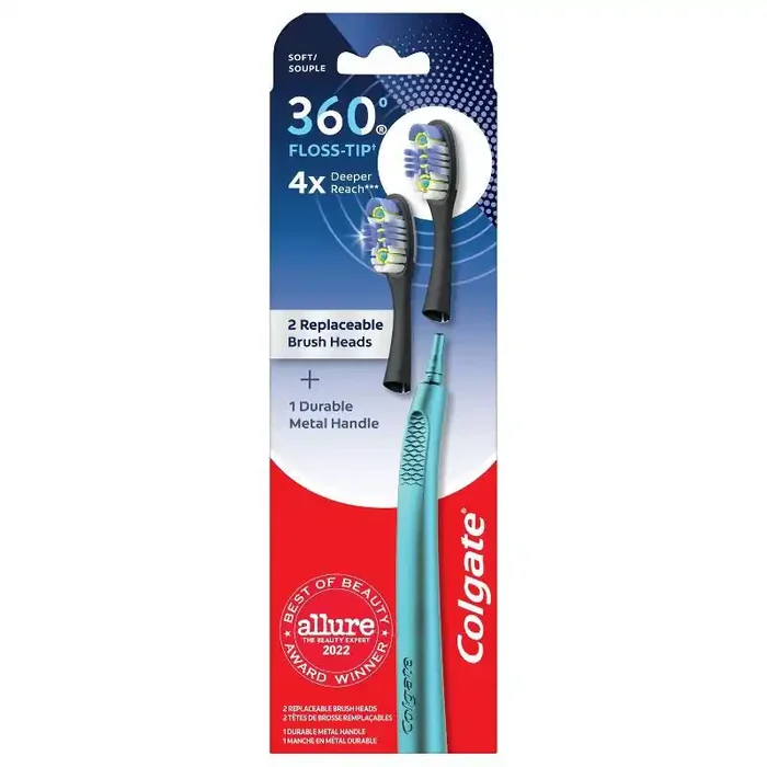 Colgate 360 Floss Tip Toothbrush with Metal Handle and 2 Replaceable Brush Heads – Blue