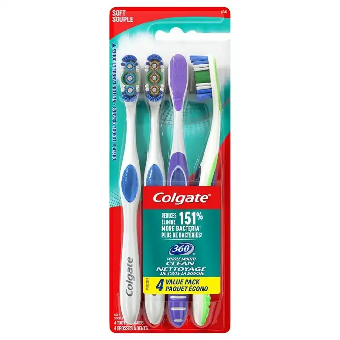 Colgate 360 Manual Toothbrush with Tongue and Cheek Cleaner – Soft Bristles – 4ct
