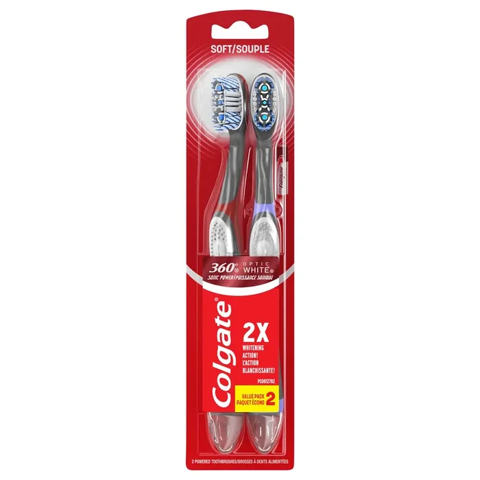Colgate 360 Optic White Sonic Powered Vibrating Toothbrush, Soft – 2 Count