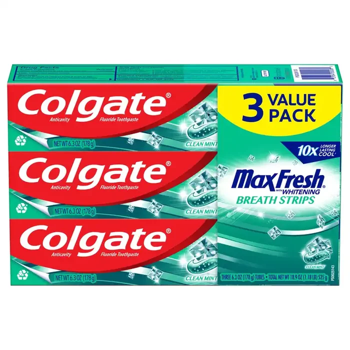 Colgate Max Fresh Whitening Anticavity Fluoride Toothpaste With Breath Strips, Clean Mint, 6.3 Oz, Three Pack