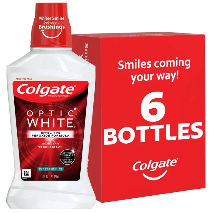 Colgate Optic White Whitening Mouthwash, 2% Hydrogen Peroxide, Fresh Mint – 473 mL, 16 fl.oz. (6 Pack)