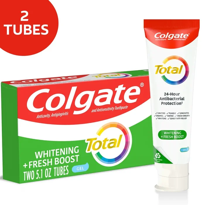 Colgate Total Whitening + Fresh Boost Toothpaste, Mint Toothpaste, 5.1 oz Tube, 2 Pack