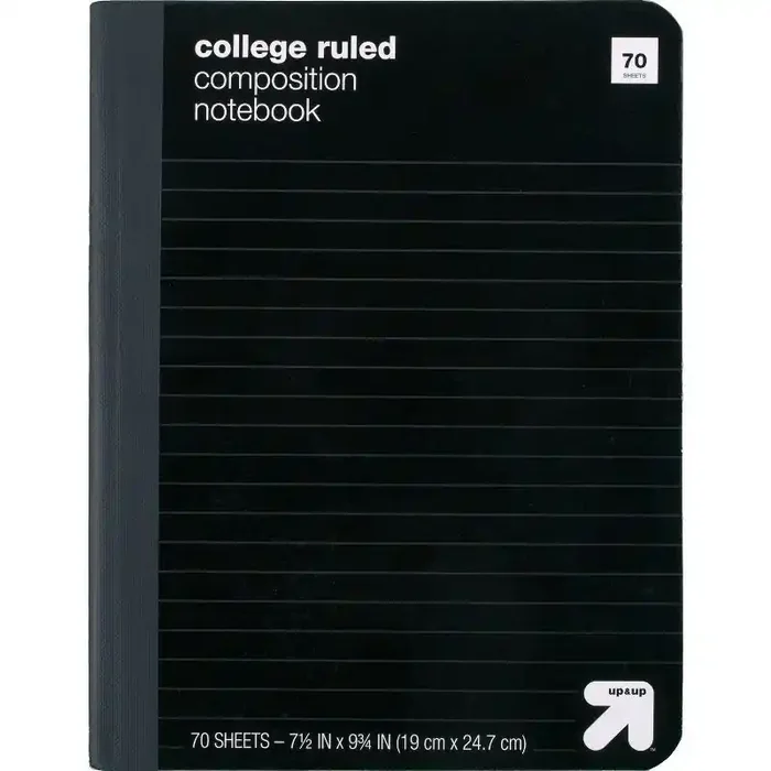 College Ruled Black Hard Cover Composition Notebook – up&up™ 7.5×9.75″, 70 Pages, Sewn Binding, Rounded Corners