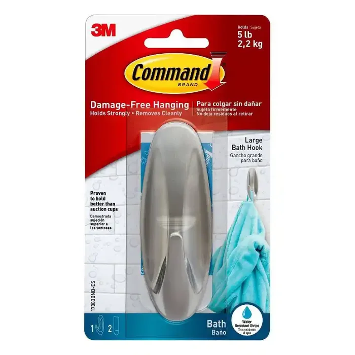 Command 1 Hook 2 Strips Large Sized Bath Designer Hook Nickel Heavy Duty Adhesive, 5 lb Capacity, Silver