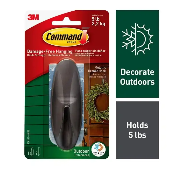 Command 1 Hook 2 Strips Large Sized Outdoor Designer Hook with Foam Strips Metallic Bronze