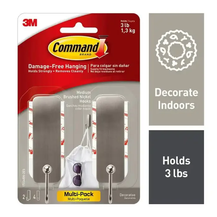 Command 2 Hooks 4 Strips Medium Sized Hooks Nickel Adhesive Wall Hooks, Heavy Duty, Decorative, Silver, Plastic, 3 lb Capacity
