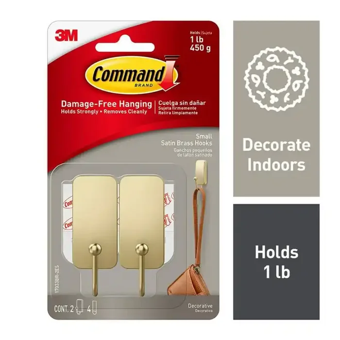 Command 2pk Small Satin Brass Damage-Free Hooks