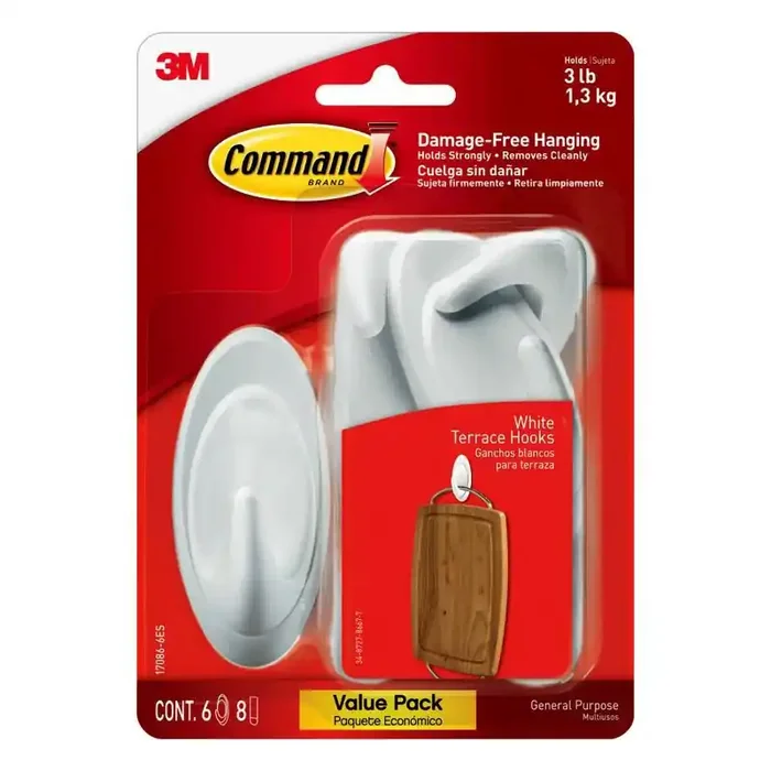 Command 6pk Medium Designer Hooks White Adhesive Hanging Hooks, 6 Pack, 3 lb Capacity, Plastic