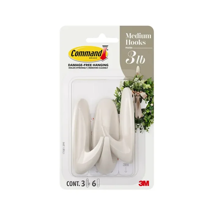 Command Command Medium Designer Hook 17081-3pr, Radiant Pearl, 3 Hooks, 6 Strips