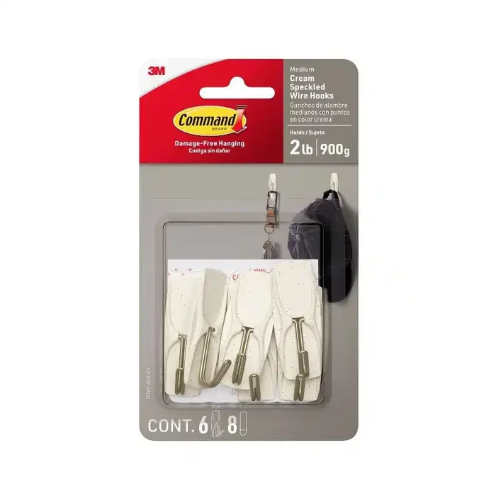 Command Damage-Free Medium 6 Wire Hooks and 8 Strips Cream Speckle