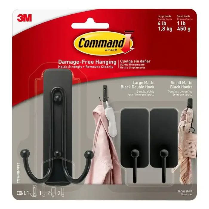 Command Large and Small Decorative Hooks Matte Black Adhesive Wall & Towel Hooks, 4 lb Capacity, Set of 3