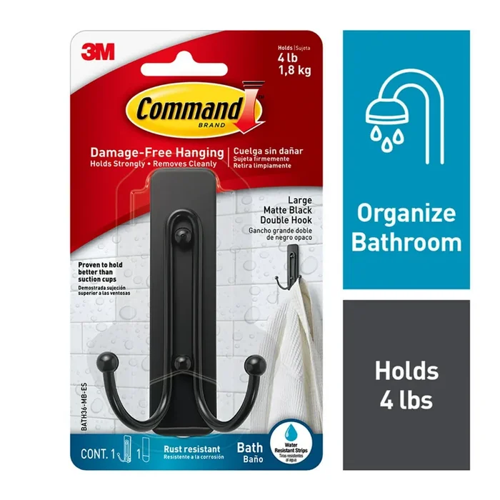 Command Large Decorative Matte Black Adhesive Double bath hook ( 4-lb Capacity)
