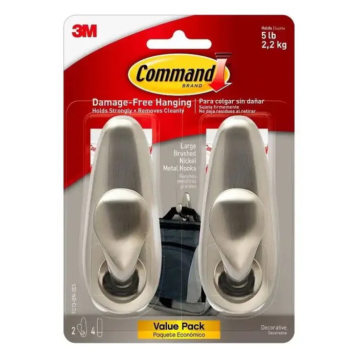 Command Large Forever Classic Hooks Brushed Nickel Metal Decorative Hooks, 5 lb Capacity, 2 Pack, Silver Finish