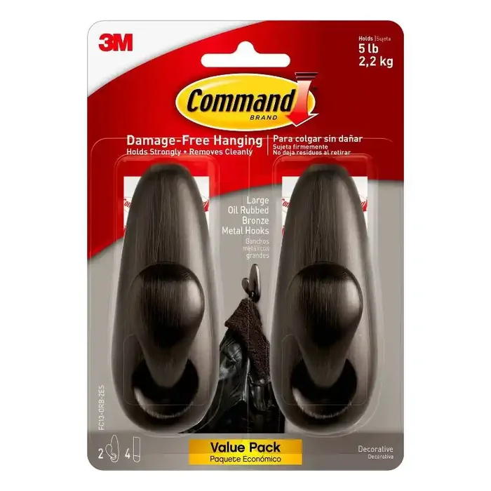 Command Large Forever Classic Hooks Oil Rubbed Bronze Decorative Wall Hooks, Metal, Painted Finish, 5 lb Capacity, 2 Pack