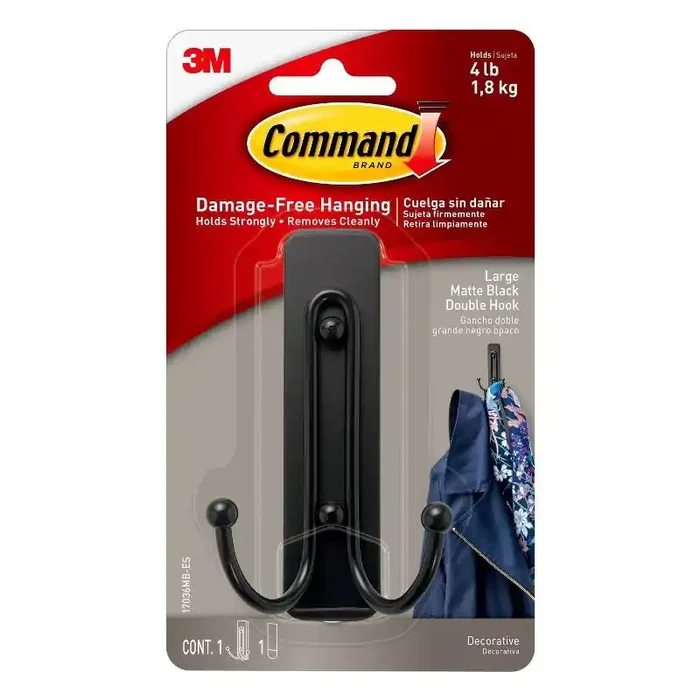 Command Large Sized Double Decorative Hook Matte Black Wall Hooks, Plastic, Painted Finish, 4 lb Capacity