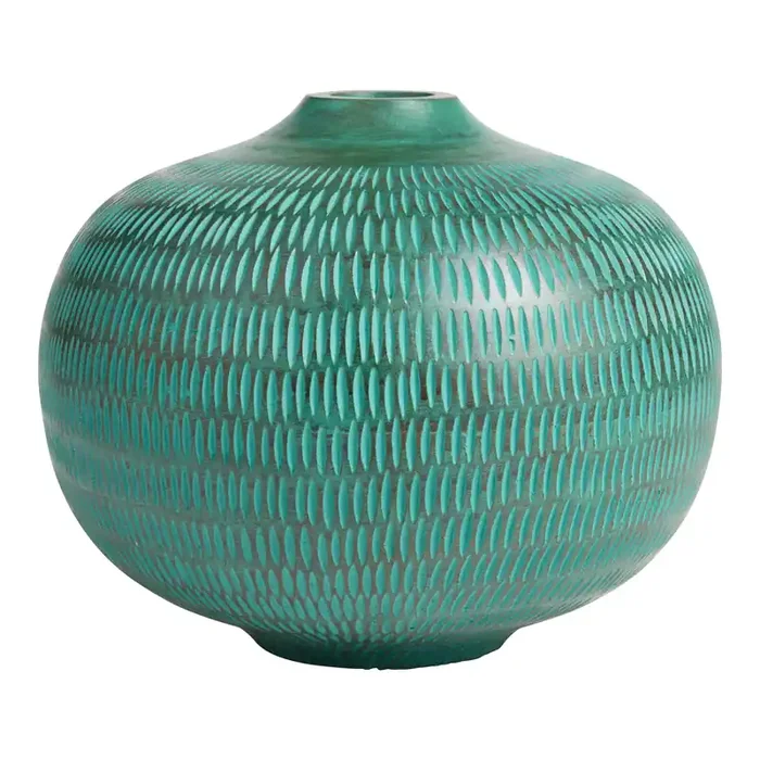 CRAFT Deep Sea Green Carved Wood Narrow Necked Vase