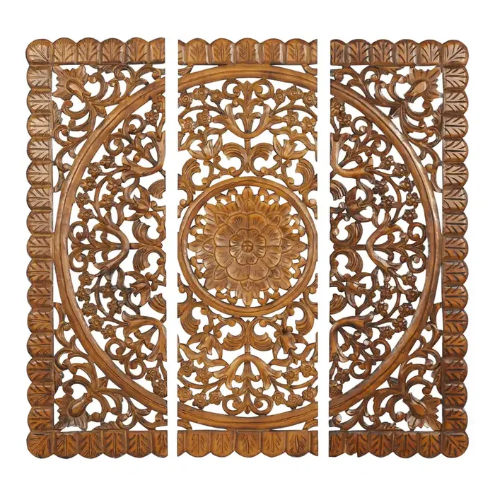 Dark Brown Carved Wood Floral Panel Wall Decor 3 Piece