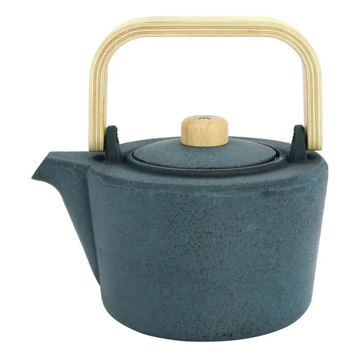 Dark Turquoise Cast Iron and Wood Infuser Teapot