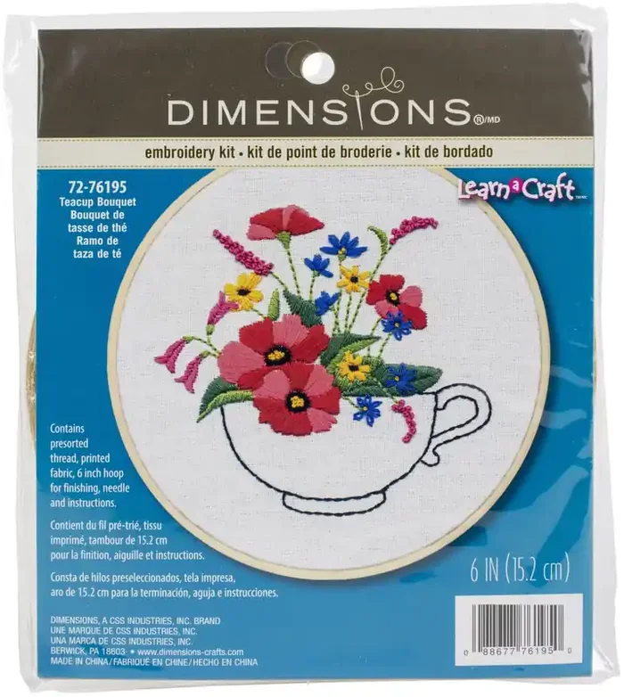 Dimensions Embroidery Kit 6 Round-Teacup Bouquet-Stitched In Thread