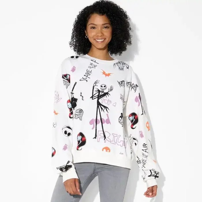 Disney Women‘s Nightmare Scribbles Fleece Graphic Sweatshirt – White XXS
