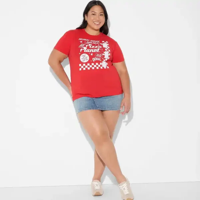 Disney Women‘s Pizza Planet Short Sleeve Graphic T-Shirt – Red M
